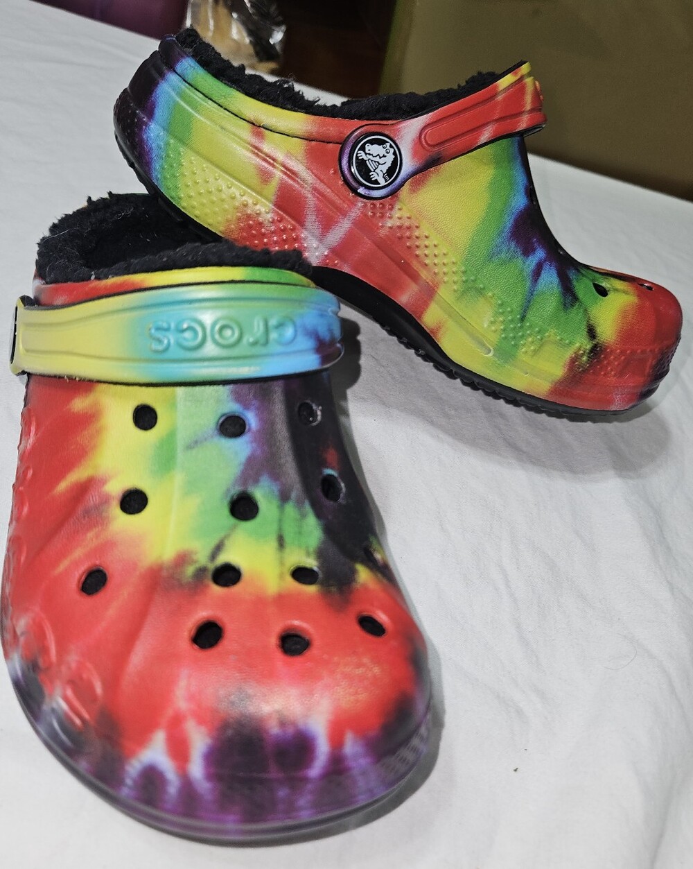 CROCS Kids Tie-Dye Rainbow Fuzz Lined Clogs